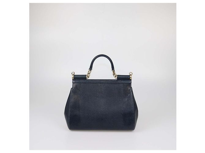 Sac à main Dolce & Gabbana Miss Sicily Medium en cuir embossé effet lézard noir avec cristaux DG Bleu - vue 3