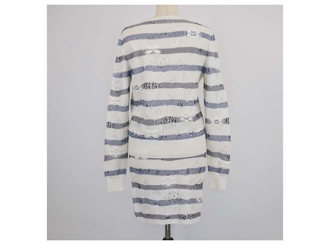 Conjunto de camisola e mini saia em viscose misturada com riscas e efeito crochet Chanel White/Blue Branco Azul - vista 3