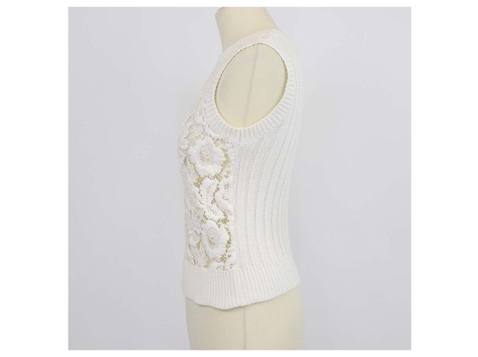 Top sin mangas de punto de algodón con encaje floral Valentino Off White Blanco - vista 2