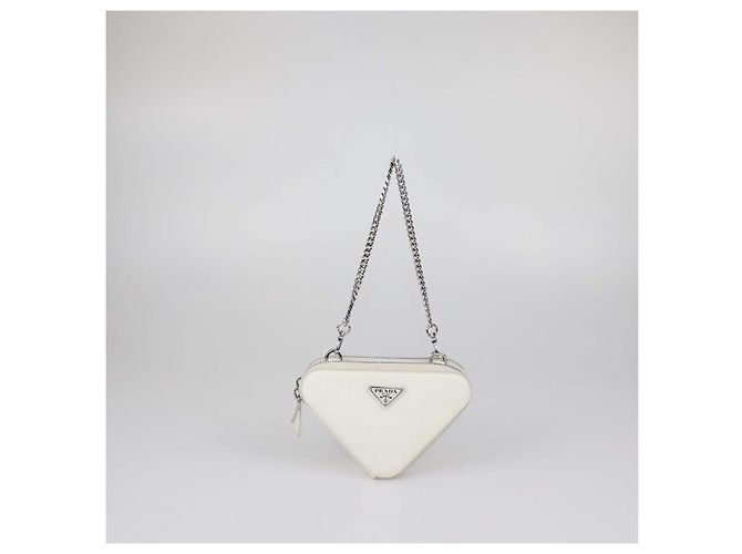 Borsa a tracolla Mini Double Triangle Prada in pelle Saffiano bianca Bianco - vista 2