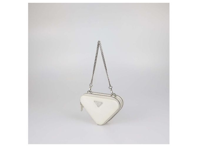 Borsa a tracolla Mini Double Triangle Prada in pelle Saffiano bianca Bianco - vista 3