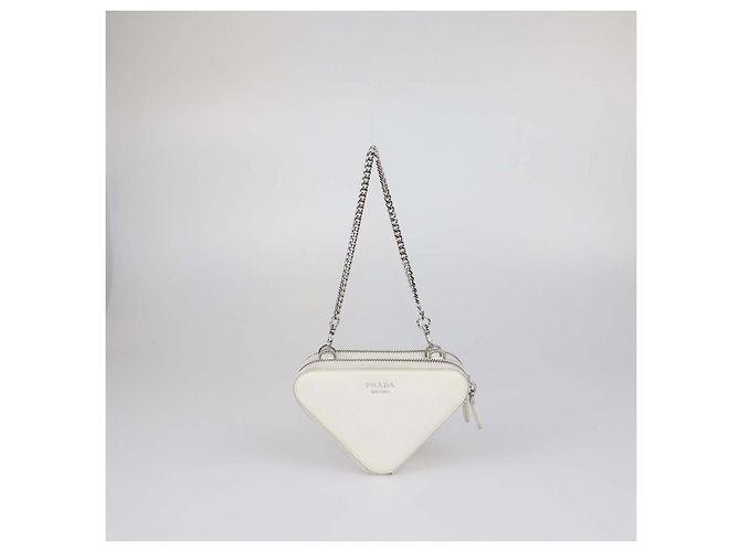 Borsa a tracolla Mini Double Triangle Prada in pelle Saffiano bianca Bianco - vista 4