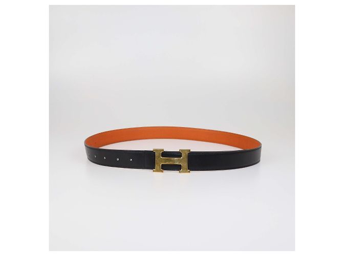 Hermès Cinto reversível Hermes Black/Orange em couro Box Calf e Togo com fivela H Preto Laranja - vista 6