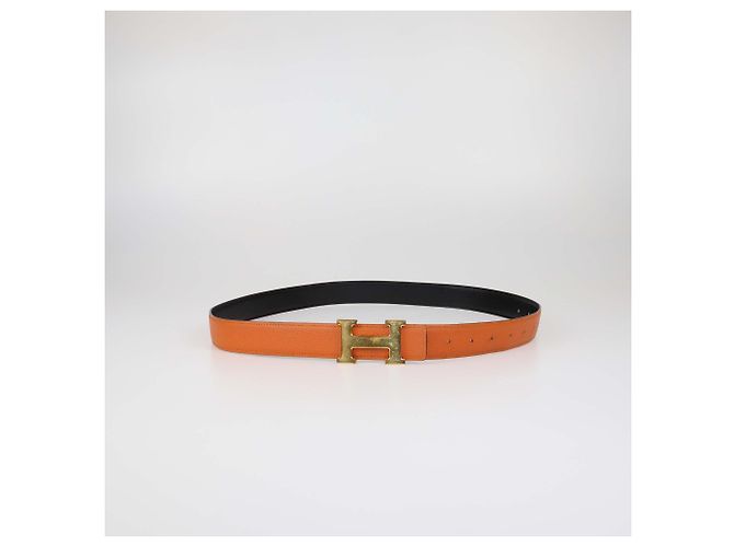 Hermès Cinto reversível Hermes Black/Orange em couro Box Calf e Togo com fivela H Preto Laranja - vista 7
