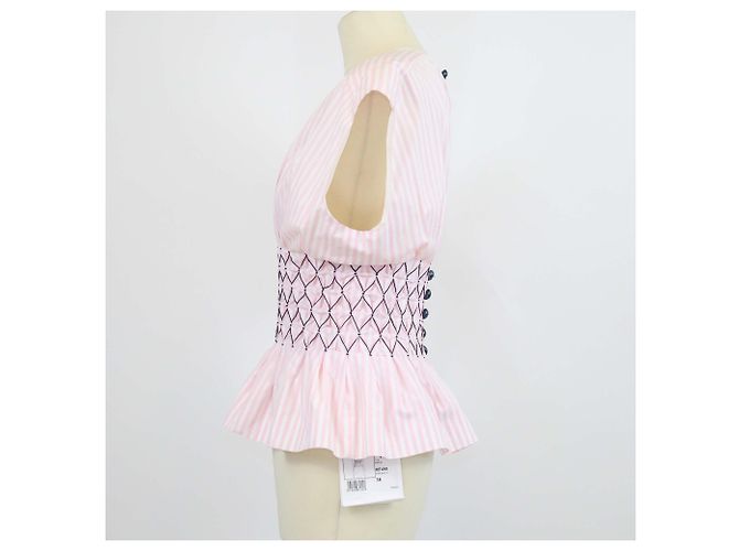 Tops sin mangas Chanel de algodón a rayas rosa/blanco con cintura fruncida - vista 2