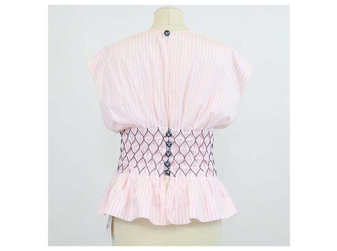 Tops sin mangas Chanel de algodón a rayas rosa/blanco con cintura fruncida - vista 3