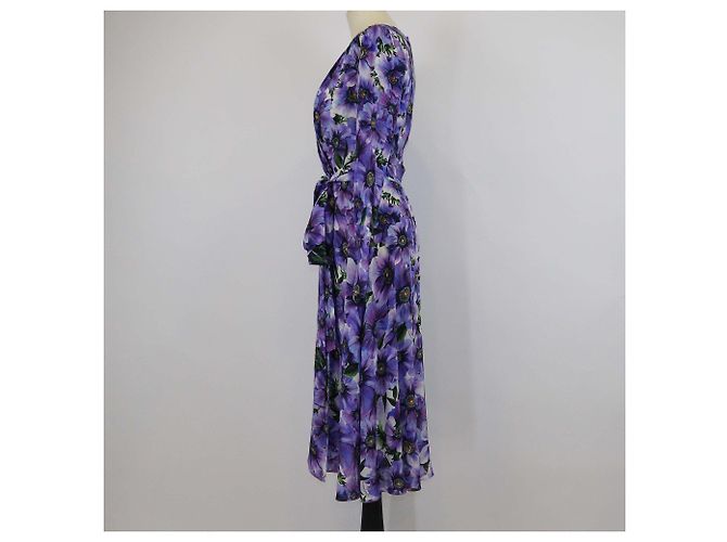 Dolce & Gabbana Purple Silk Anemone Print Belted Midi Dress - view 2