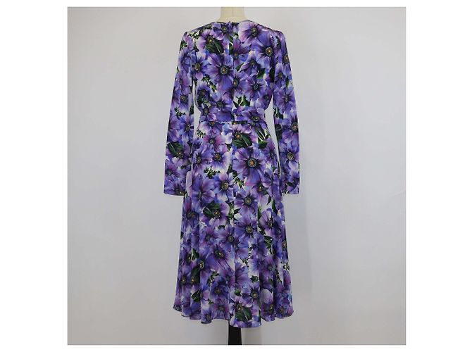 Dolce & Gabbana Purple Silk Anemone Print Belted Midi Dress - view 3