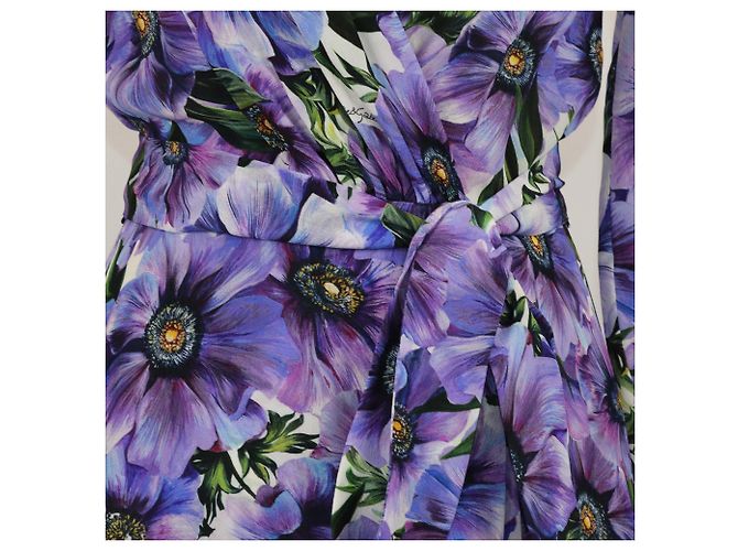 Dolce & Gabbana Purple Silk Anemone Print Belted Midi Dress - view 4