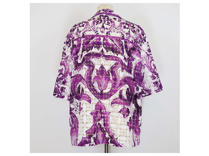 Camisa Dolce & Gabbana de algodón con encaje de crochet y estampado Majolica púrpura/blanco - vista 3