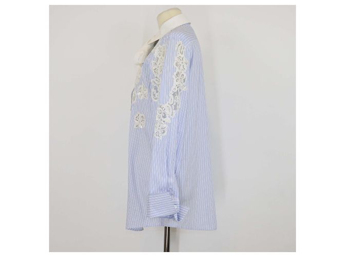 Camicia a maniche lunghe Valentino in cotone a righe blu/bianco con dettagli in pizzo e paillettes - vista 2