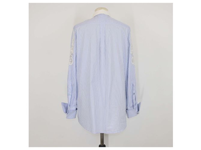 Camicia a maniche lunghe Valentino in cotone a righe blu/bianco con dettagli in pizzo e paillettes - vista 3