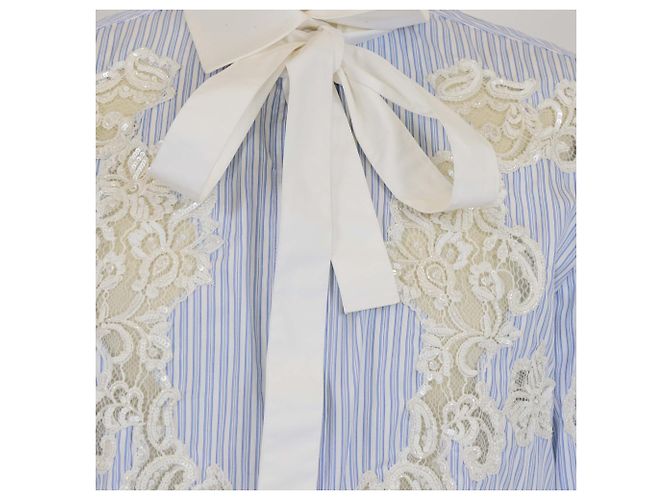 Camicia a maniche lunghe Valentino in cotone a righe blu/bianco con dettagli in pizzo e paillettes - vista 4
