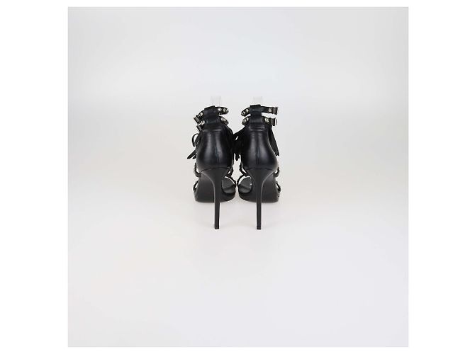Sandali T-Strap Saint Laurent in pelle nera con borchie e frange Nero - vista 5