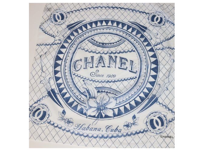 Pañuelo de seda Chanel con estampado Habana Cuba en algodón blanco/azul - vista 2
