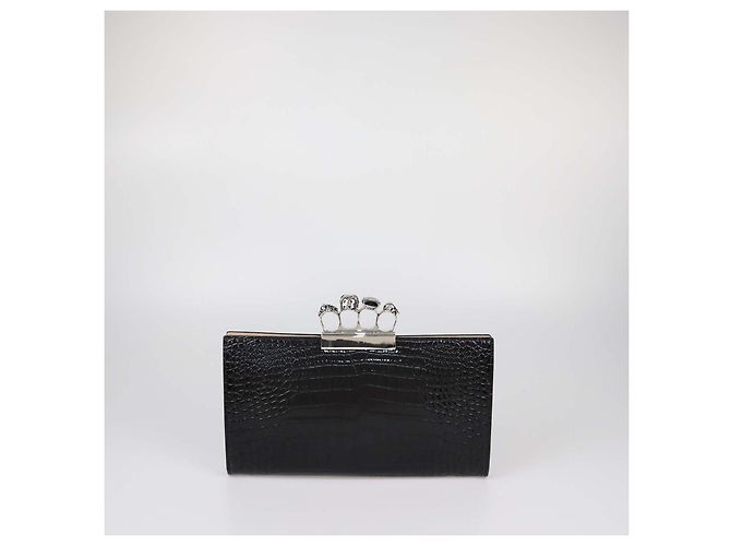 Clutch Alexander McQueen in pelle embossed croc nera con dettagli teschio Nero - vista 3
