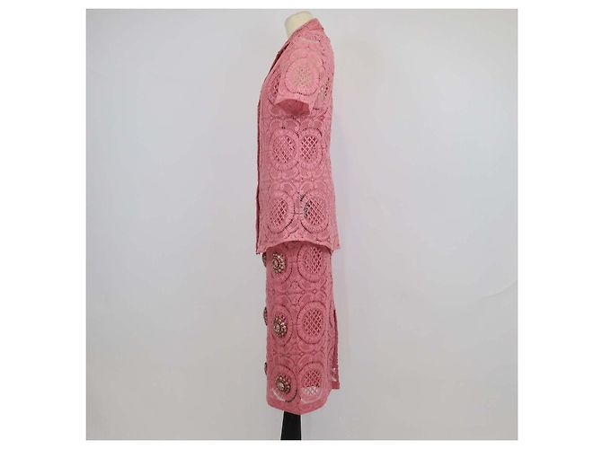 Set Burberry Camicia in Pizzo di Cotone Rosa e Gonna Midi con Cristalli Applicati - vista 2