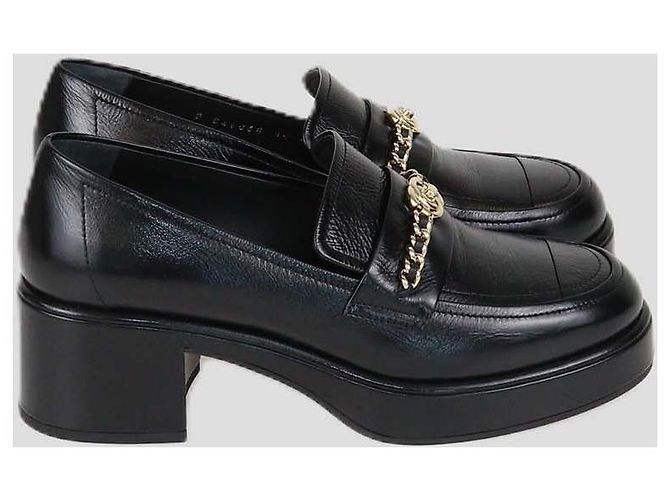 Mocassini platform Chanel in pelle lucida nera con catena CC Nero - vista 3