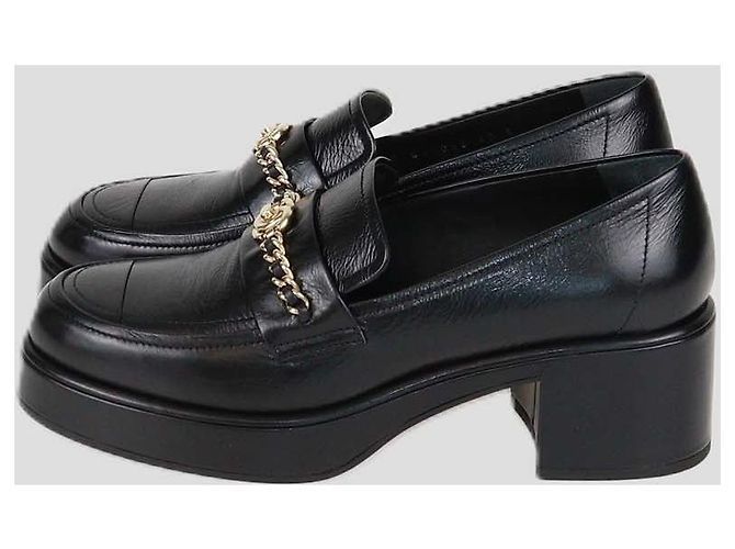 Mocassini platform Chanel in pelle lucida nera con catena CC Nero - vista 4