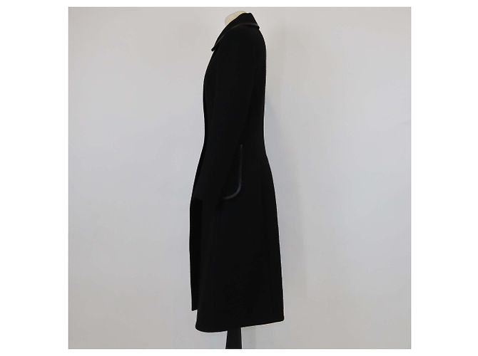 Loewe Black Wool Leather Trim Long Coat - view 2