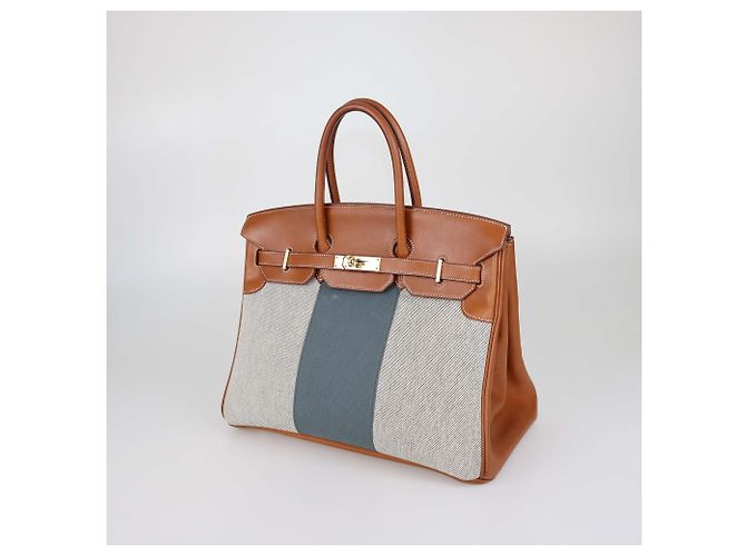 Hermès Borsa Birkin 35 Hermes Fauve/Natural Canvas e Pelle Barenia Permabrass Flag Rosso - vista 2