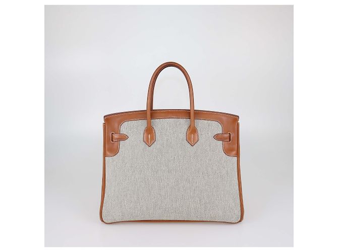 Hermès Borsa Birkin 35 Hermes Fauve/Natural Canvas e Pelle Barenia Permabrass Flag Rosso - vista 3