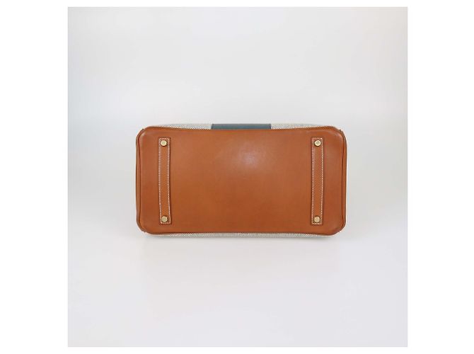Hermès Borsa Birkin 35 Hermes Fauve/Natural Canvas e Pelle Barenia Permabrass Flag Rosso - vista 4