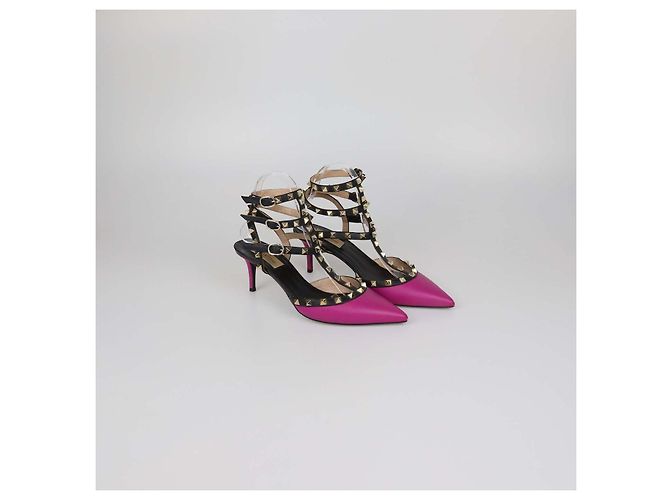 Décolleté Valentino Rockstud Caged in pelle Magenta/Black Nero Rosa - vista 2