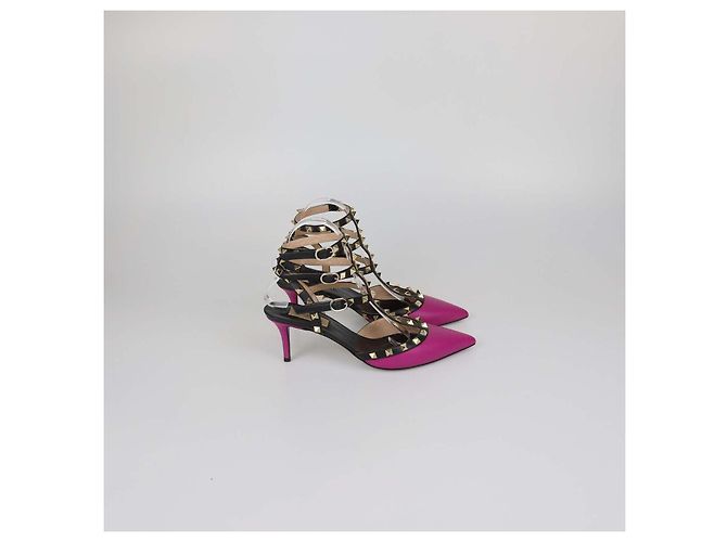 Décolleté Valentino Rockstud Caged in pelle Magenta/Black Nero Rosa - vista 3