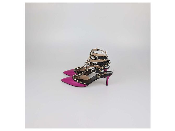 Décolleté Valentino Rockstud Caged in pelle Magenta/Black Nero Rosa - vista 4