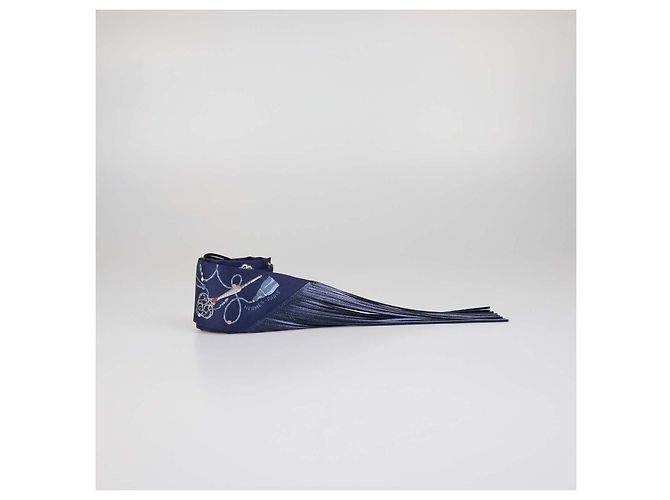 Hermès Hermes Bleu Marine Silk Les Cles a Pois Leather Fringes Twilly Blu - vista 2