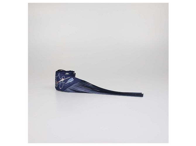 Hermès Hermes Bleu Marine Silk Les Cles a Pois Leather Fringes Twilly Blu - vista 3