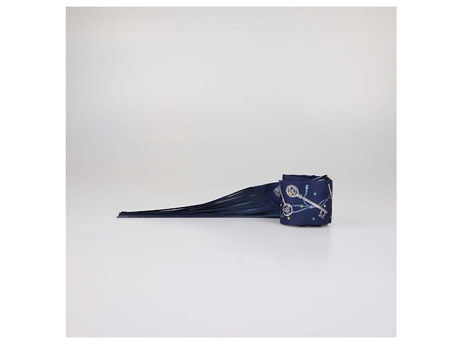 Hermès Hermes Bleu Marine Silk Les Cles a Pois Leather Fringes Twilly Blu - vista 4