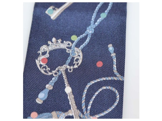 Hermès Hermes Bleu Marine Silk Les Cles a Pois Leather Fringes Twilly Blu - vista 6