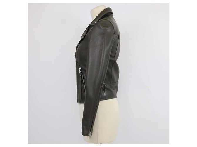 All Saints Dalby Bikerjacke aus Leder in Army Green Anthrazitgrau - Ansicht 2