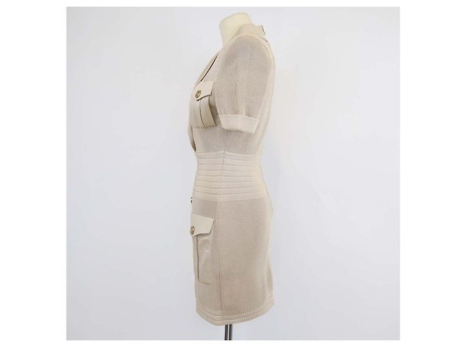Balmain beiges Mini-Kleid aus Viskose-Strick mit kurzen Ärmeln - Ansicht 2