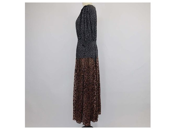Autre Marque Vestido maxi Rixio Black/Brown em viscose com bolinhas e estampa de leopardo e mangas três quartos Marrom Preto - vista 2