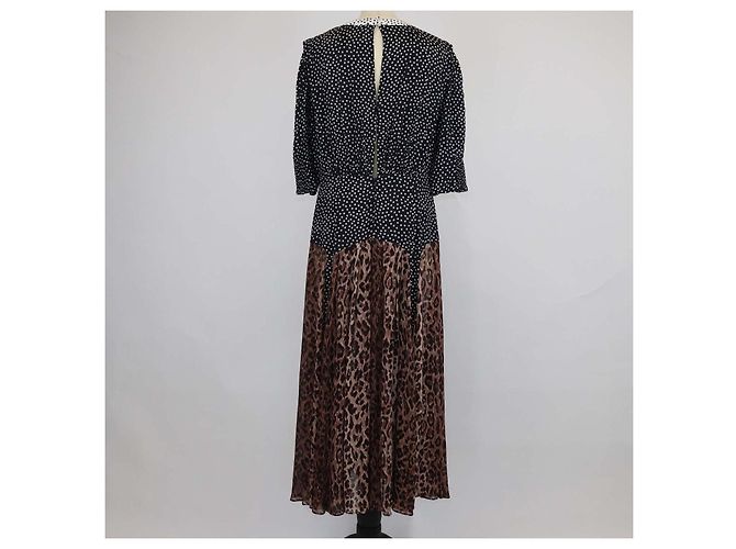 Autre Marque Vestido maxi Rixio Black/Brown em viscose com bolinhas e estampa de leopardo e mangas três quartos Marrom Preto - vista 3