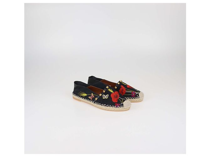 Espadrillas basse Valentino in tela nera e pelle con ricami floreali Rockstud Nero - vista 2