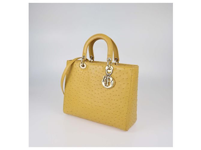 Christian Dior Borsa Tote Large Lady Dior in pelle di struzzo gialla Giallo - vista 2