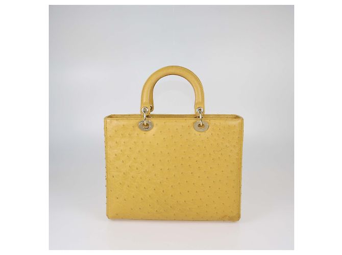 Christian Dior Borsa Tote Large Lady Dior in pelle di struzzo gialla Giallo - vista 3