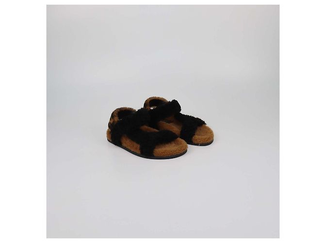 Fendi Black/Broan Shearling Ankle Strap Flat Sandals Brown - view 2
