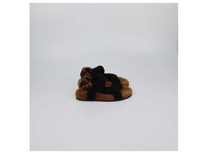 Fendi Black/Broan Shearling Ankle Strap Flat Sandals Brown - view 3