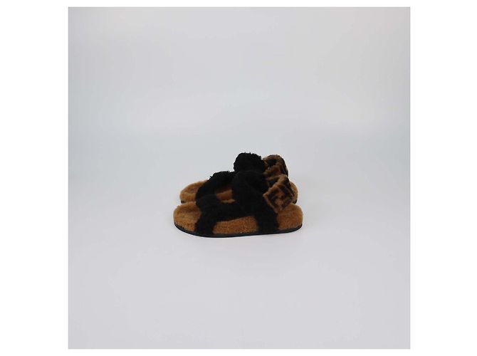 Fendi Black/Broan Shearling Ankle Strap Flat Sandals Brown - view 4