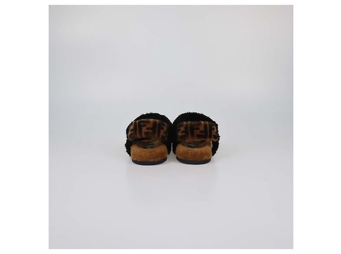 Fendi Black/Broan Shearling Ankle Strap Flat Sandals Brown - view 5