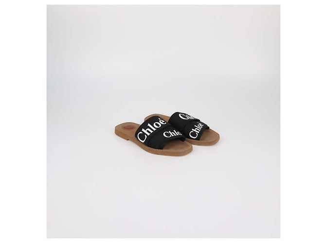 Chloé Chloe Black Canvas Logo Woody Flat Slide Nero - vista 2