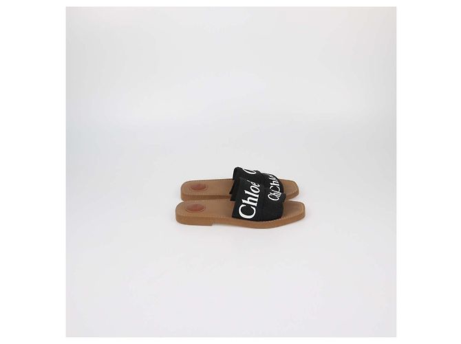 Chloé Chloe Black Canvas Logo Woody Flat Slide Nero - vista 3