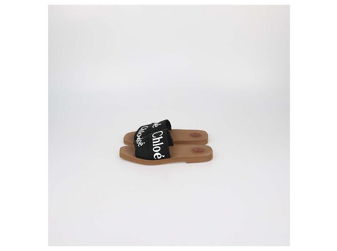 Chloé Chloe Black Canvas Logo Woody Flat Slide Nero - vista 4