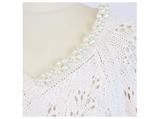 Camisola de malha de algodão crochet Simone Rocha bege com decote em V - vista 4