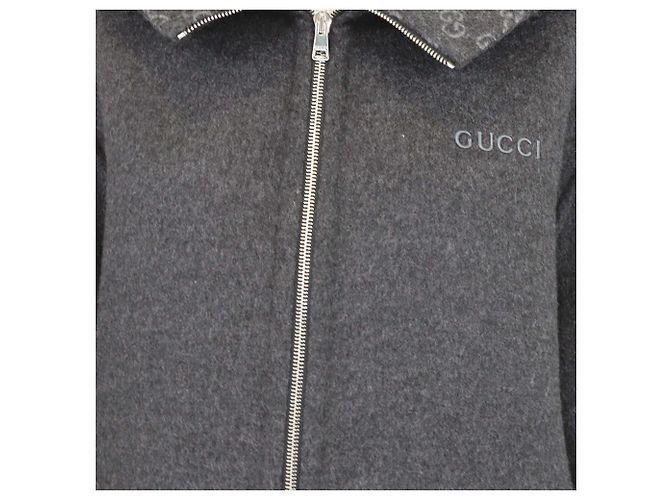 Casaco com capuz e fecho eclair em lã cinzenta bordada Gucci Cinza - vista 4